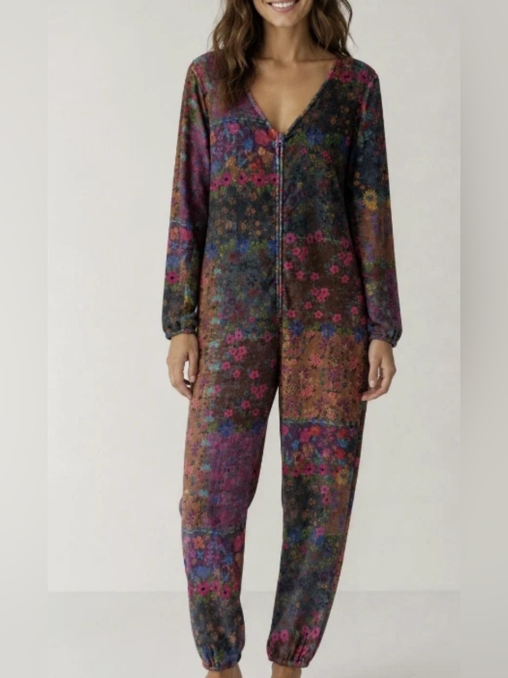 Natural Life Multi Colorful Floral Print Fleece Lounge Jumpsuit Pajamas Large